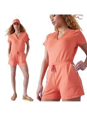 ATHLETA Balance Romper Soft Tencel Persimmon w/ Pockets Drawstring Waist Sz XS